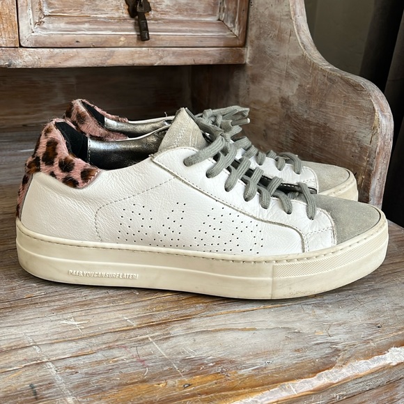 P448 Shoes - 🤍 P448 White Leather Leopard Sneakers Size 39 Suede Toe Platform